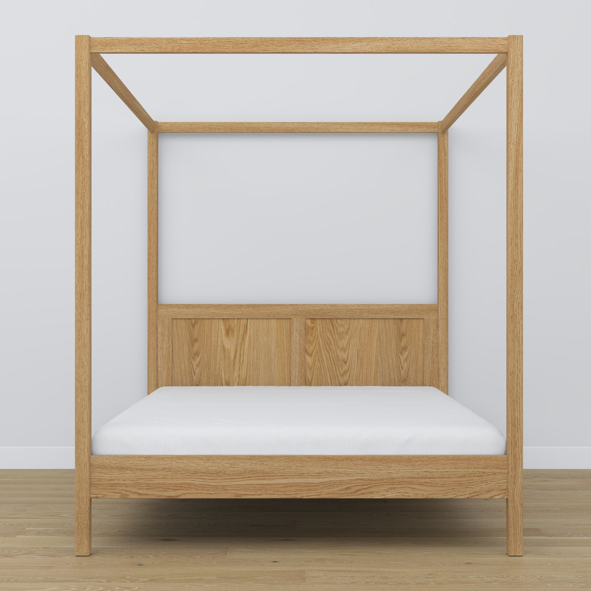 Oak double bed with canopy natural oak – headboard and frame, close-up