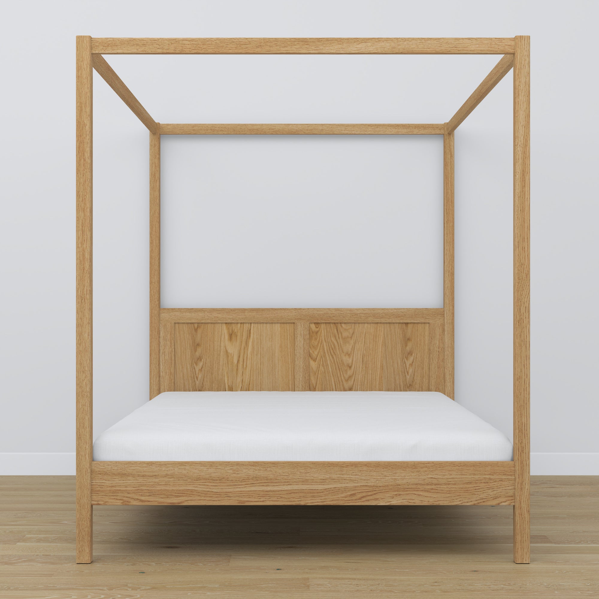 Oak double bed with canopy natural oak – headboard and frame, close-up