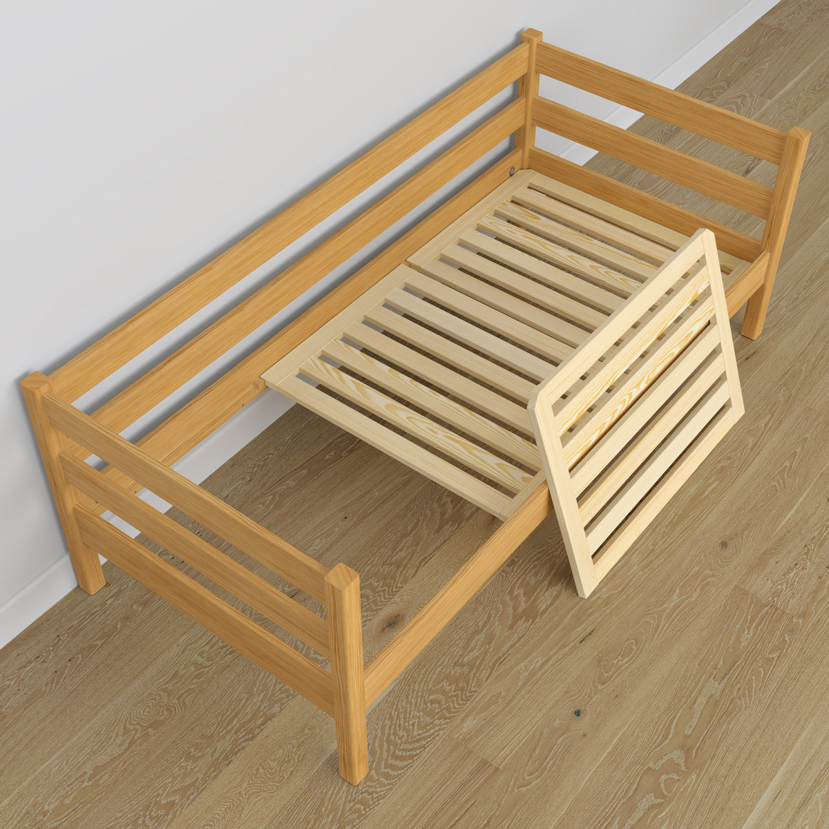 Sofa bed wooden natural pine – view from the headboard, children’s room