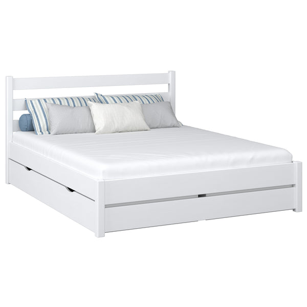 Wooden double bed with drawer N01 white – overall view, solid pine wood