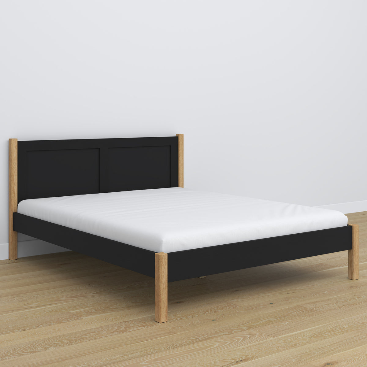 Double bed black and oak – wooden headboard, close-up of wood quality