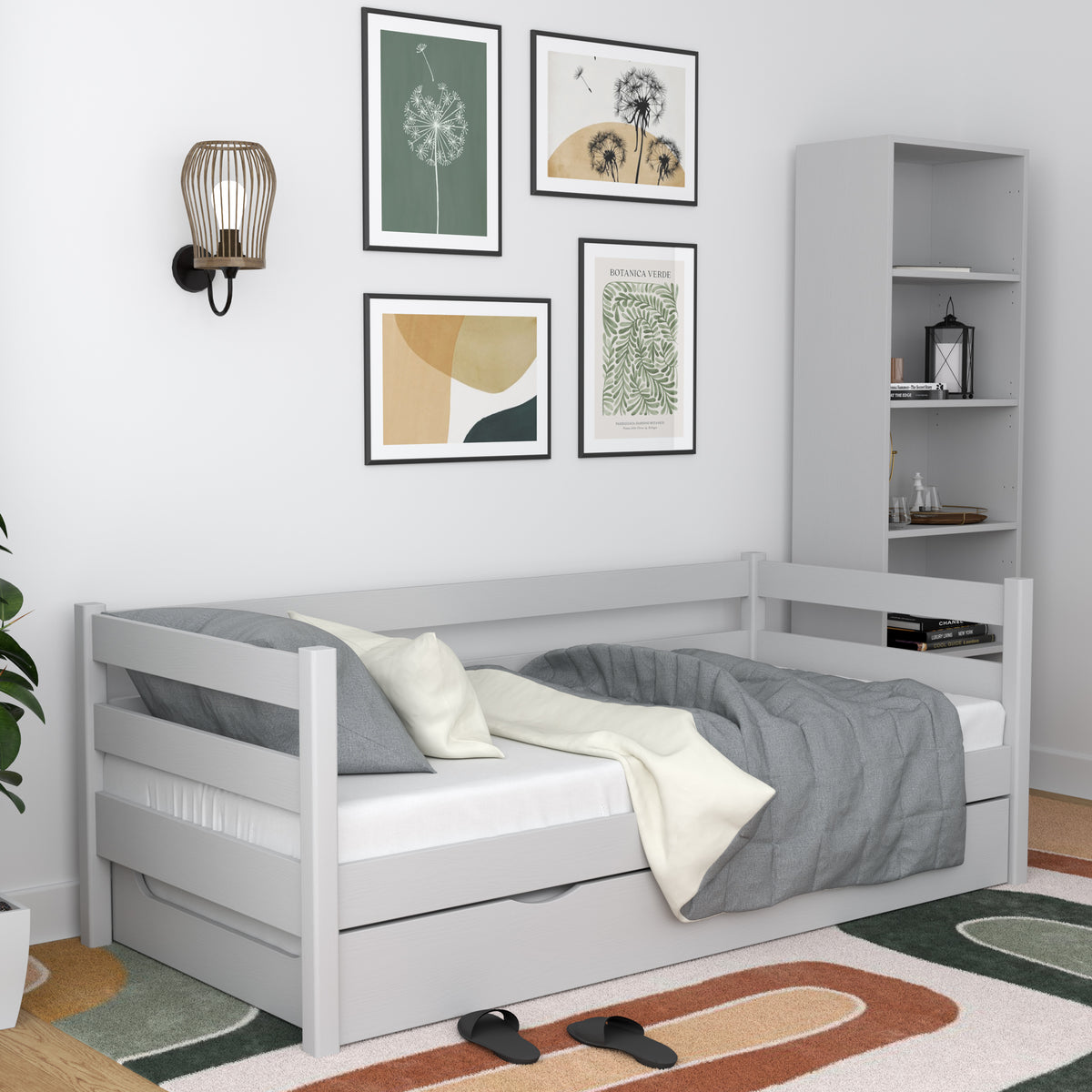 Grey sofa bed with mattress drawer – wooden, Nizio Home
