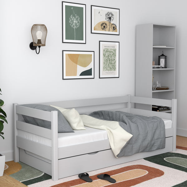 Grey sofa bed with mattress drawer – wooden, Nizio Home