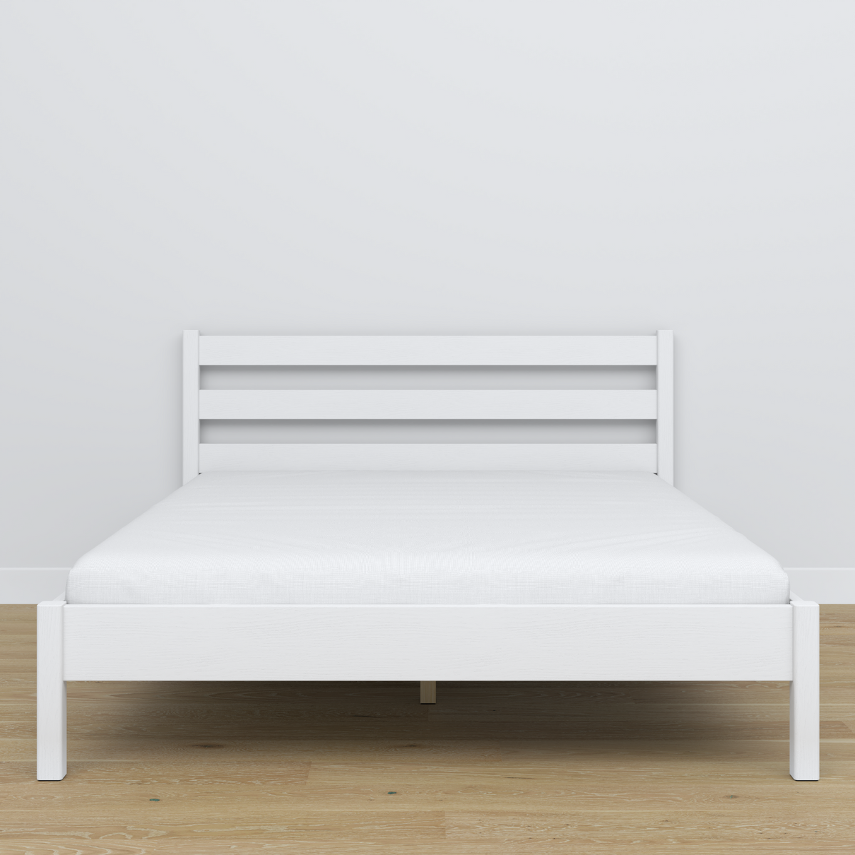 Wooden double bed white – side view, proportions and shape, bedroom