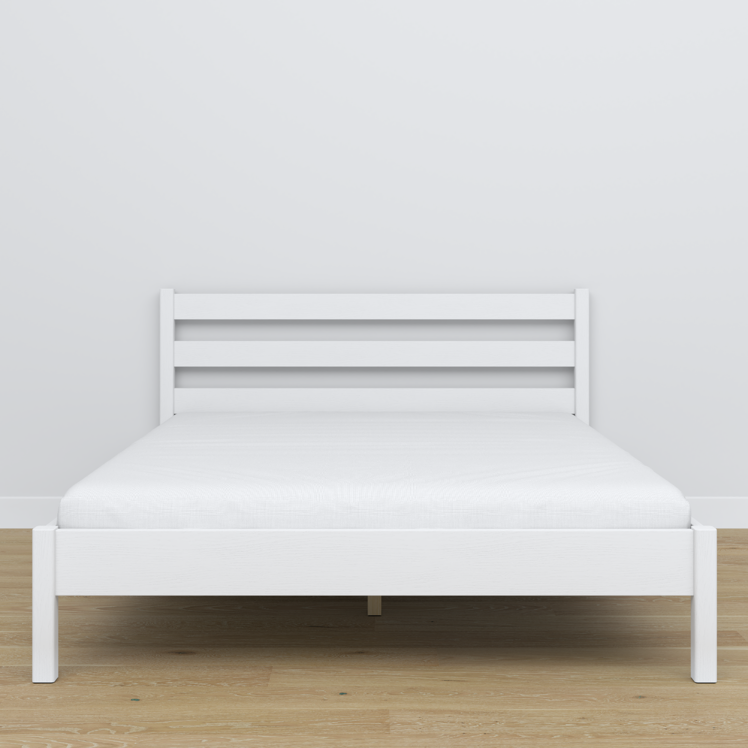 Wooden double bed white – side view, proportions and shape, bedroom