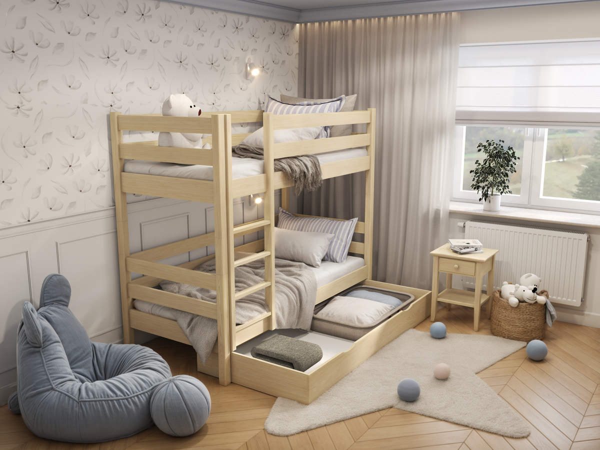 Clear Pine Wooden Bunk Bed – Open Drawer, Spacious Storage Under the Bed