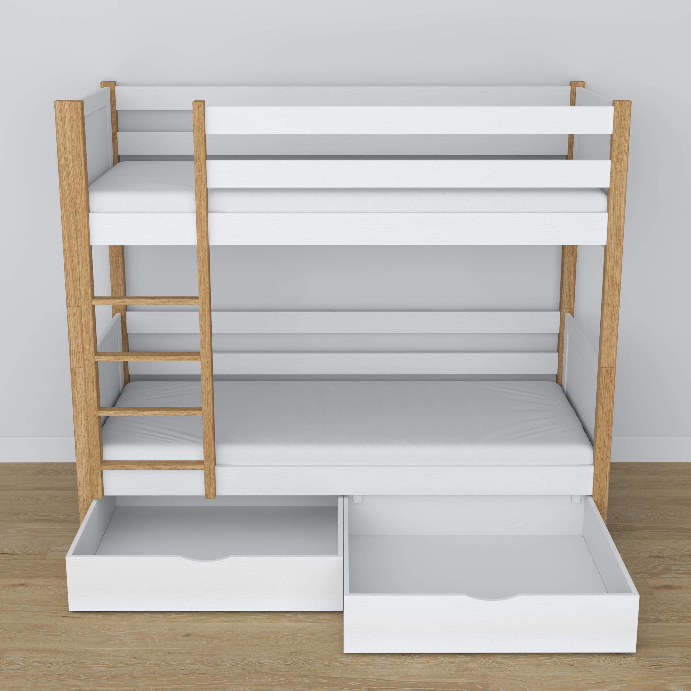 White and Oak Bunk Bed – Wooden Slatted Frame, Side View