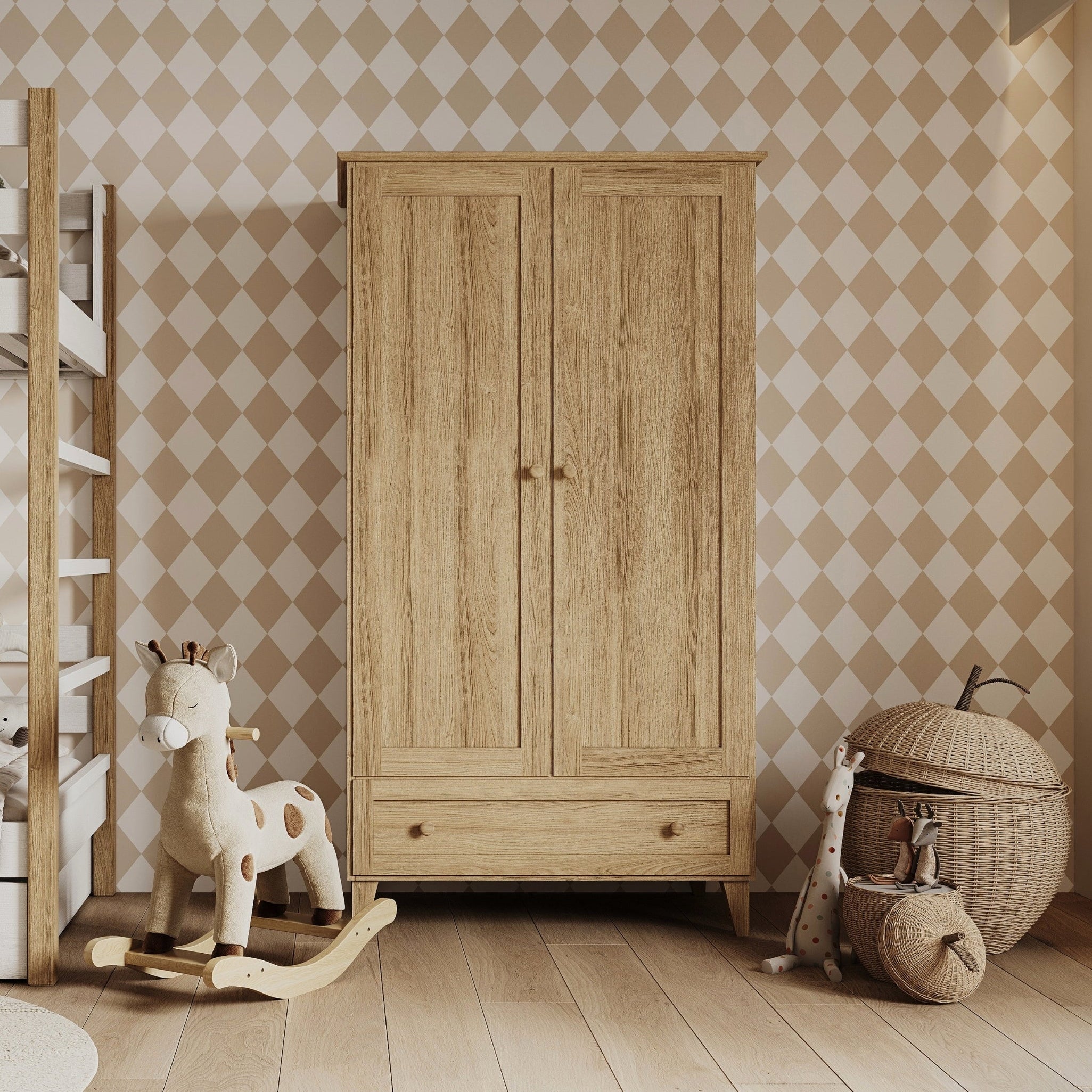 Wardrobe 2D1S natural oak – oak wood, closed doors, front view, Nizio
