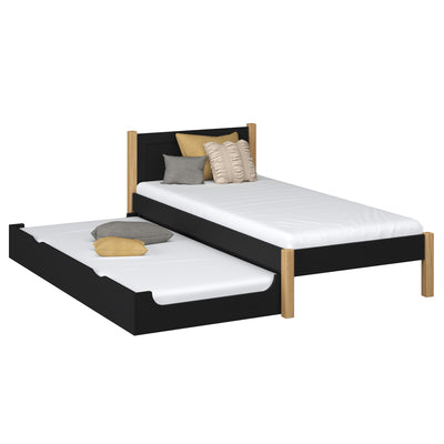 Wooden bed with mattress drawer black-oak – child’s room, scandi Nizio
