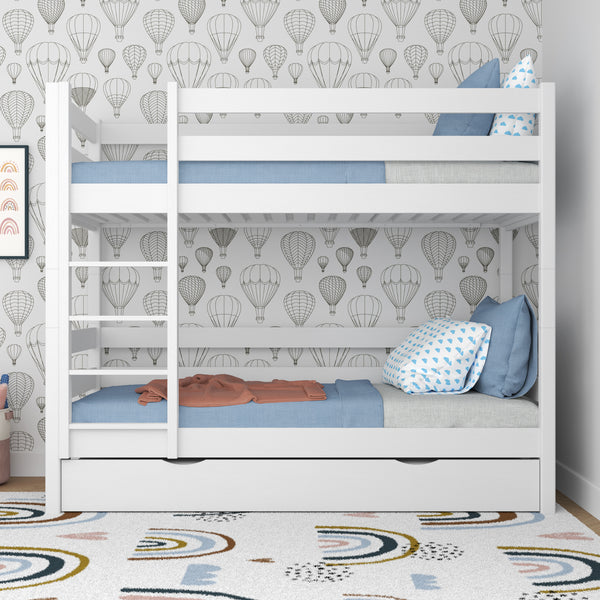 White Bunk Bed with Mattress Drawer – Safety Rail, Wooden, Nizio Home