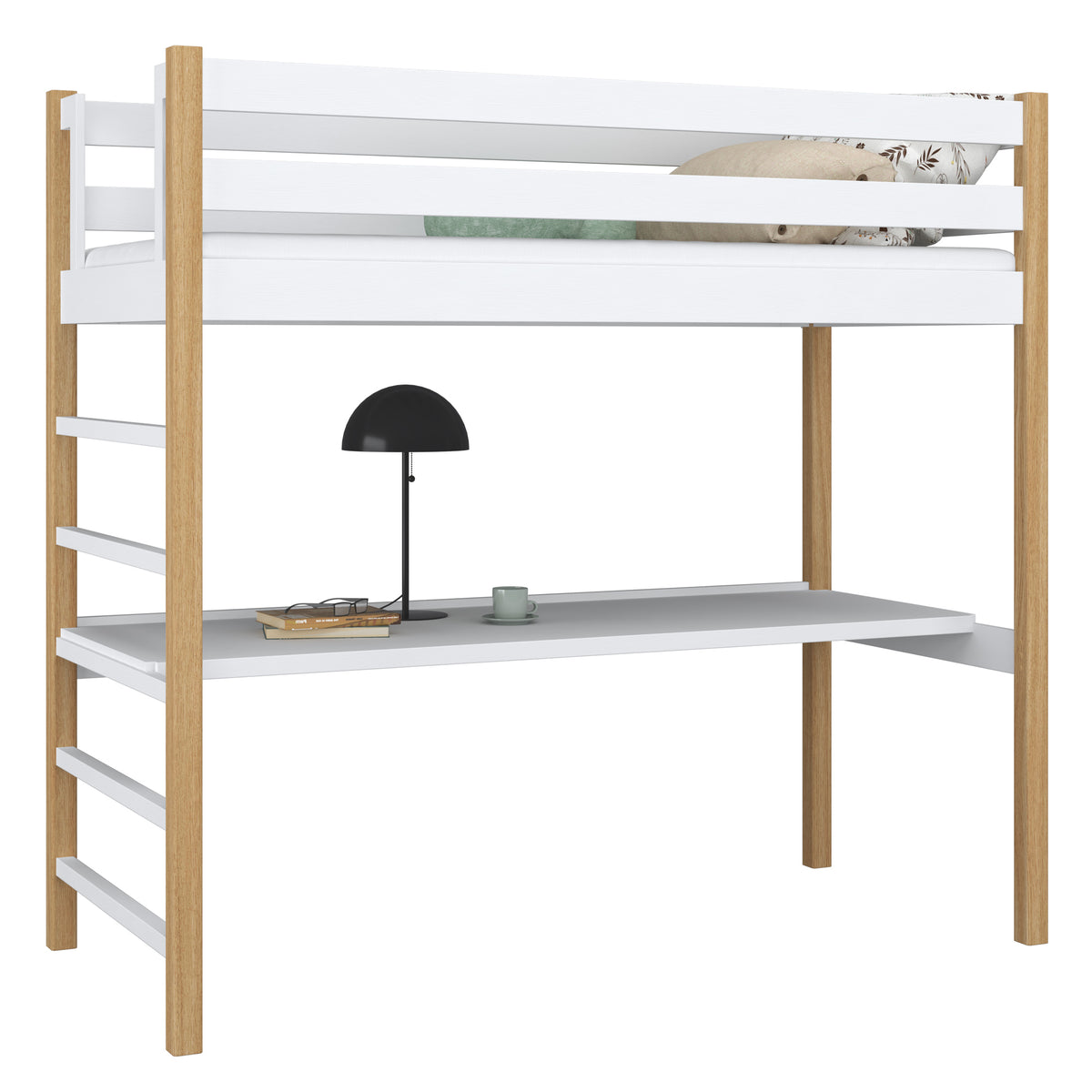 White and Oak Wooden Loft Bed with Desk – Children’s Room, Scandi Nizio