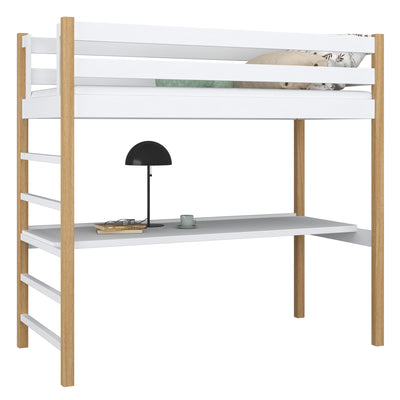 White and Oak Wooden Loft Bed with Desk – Children’s Room, Scandi Nizio