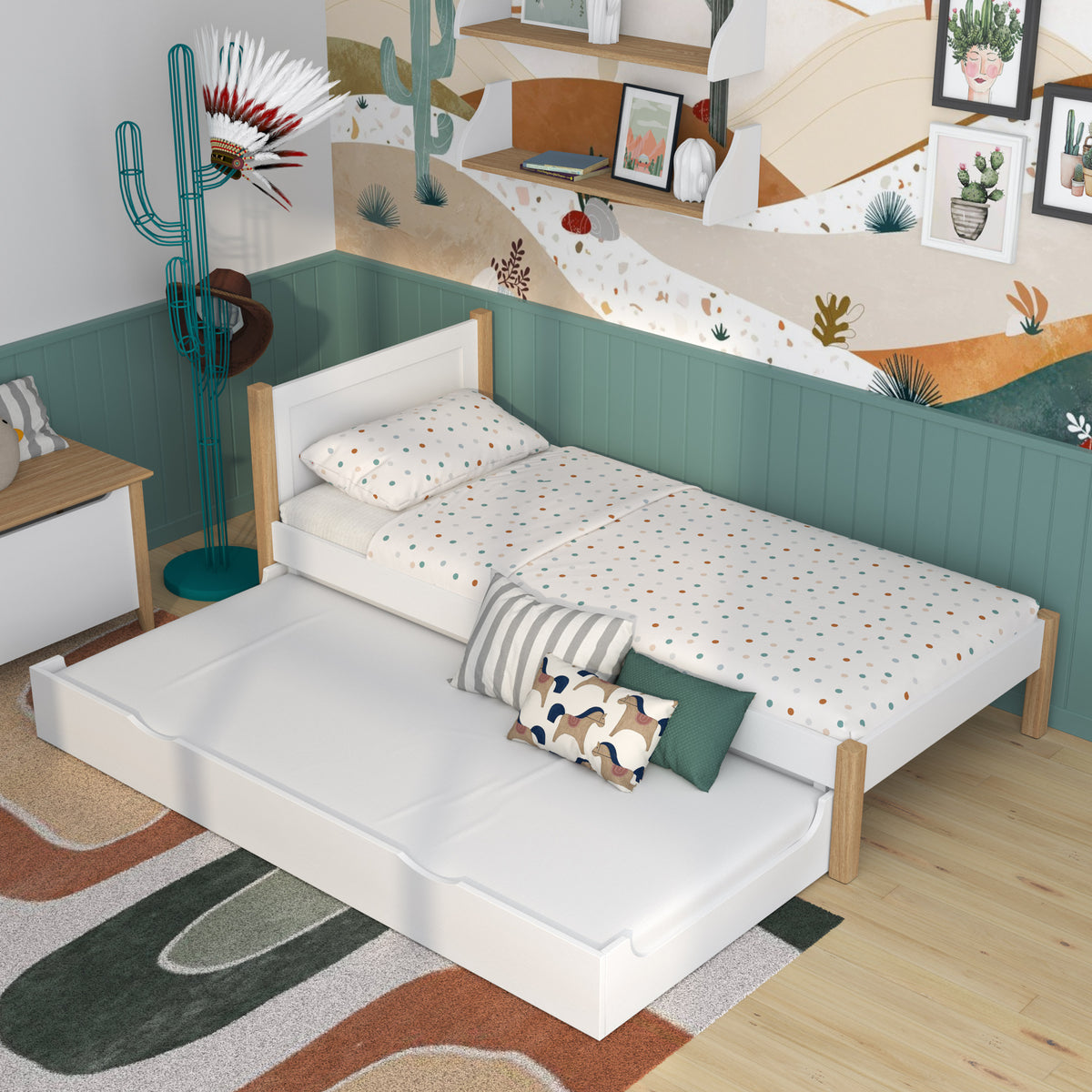 Wooden bed with mattress drawer white-oak – extended drawer, guest