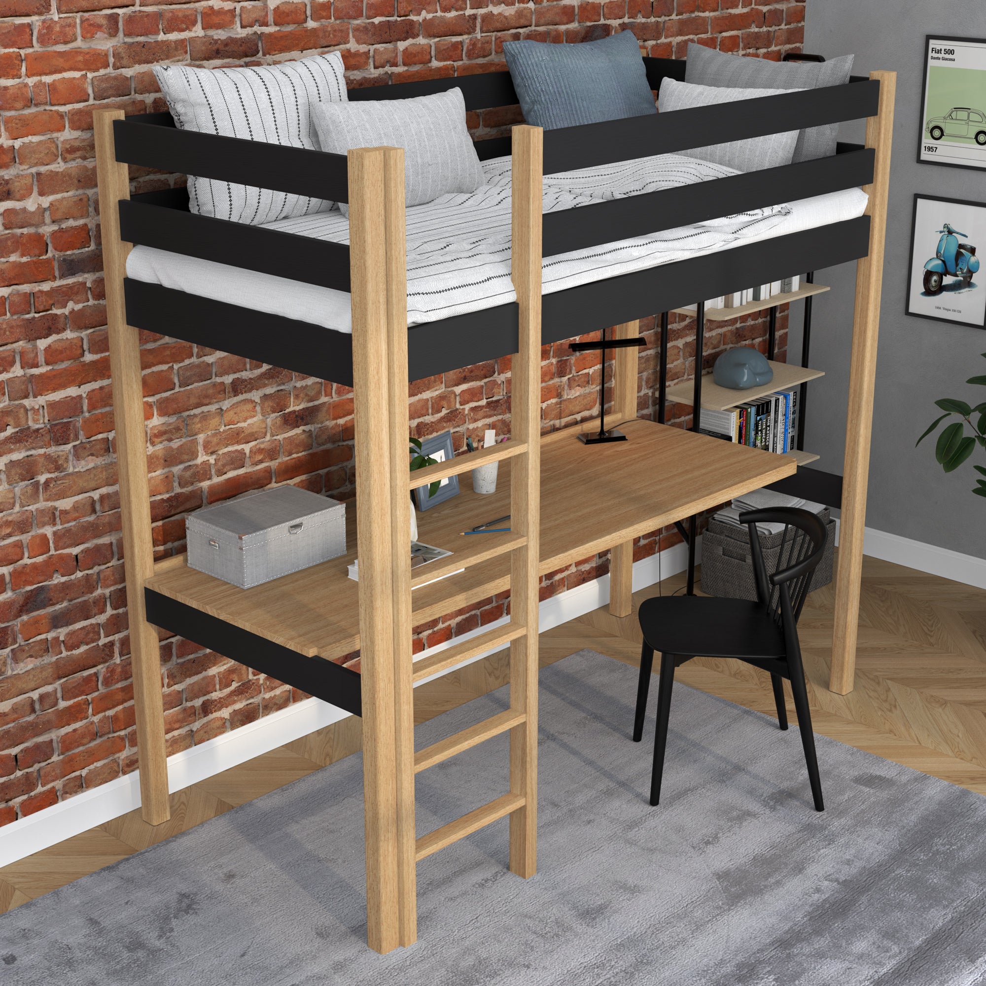 Loft bed black/oak – wooden desk under the sleeping area, scandi children’s room