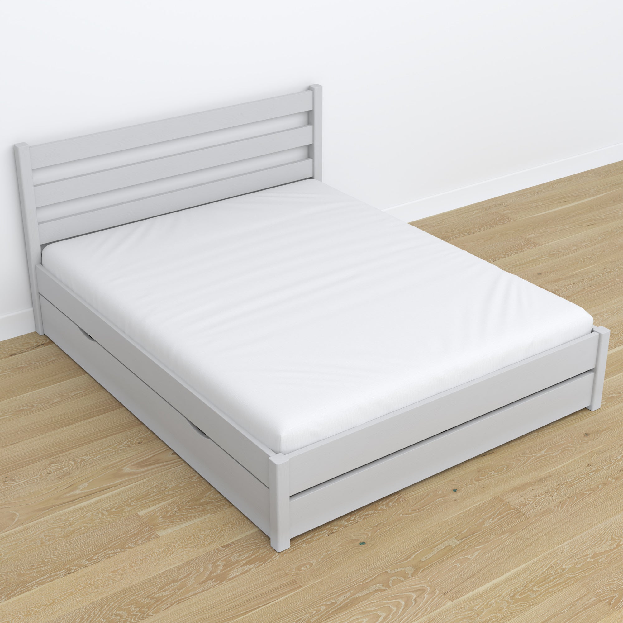 Double bed grey – wooden legs and base, close-up
