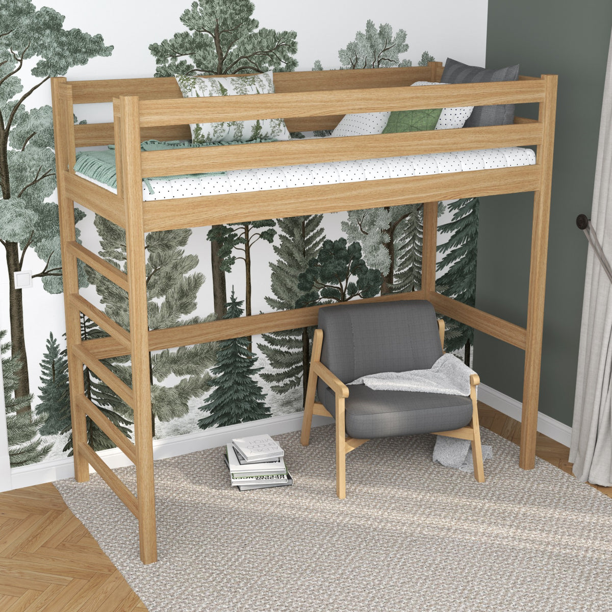Loft bed natural oak in children’s room – scandi arrangement, oak