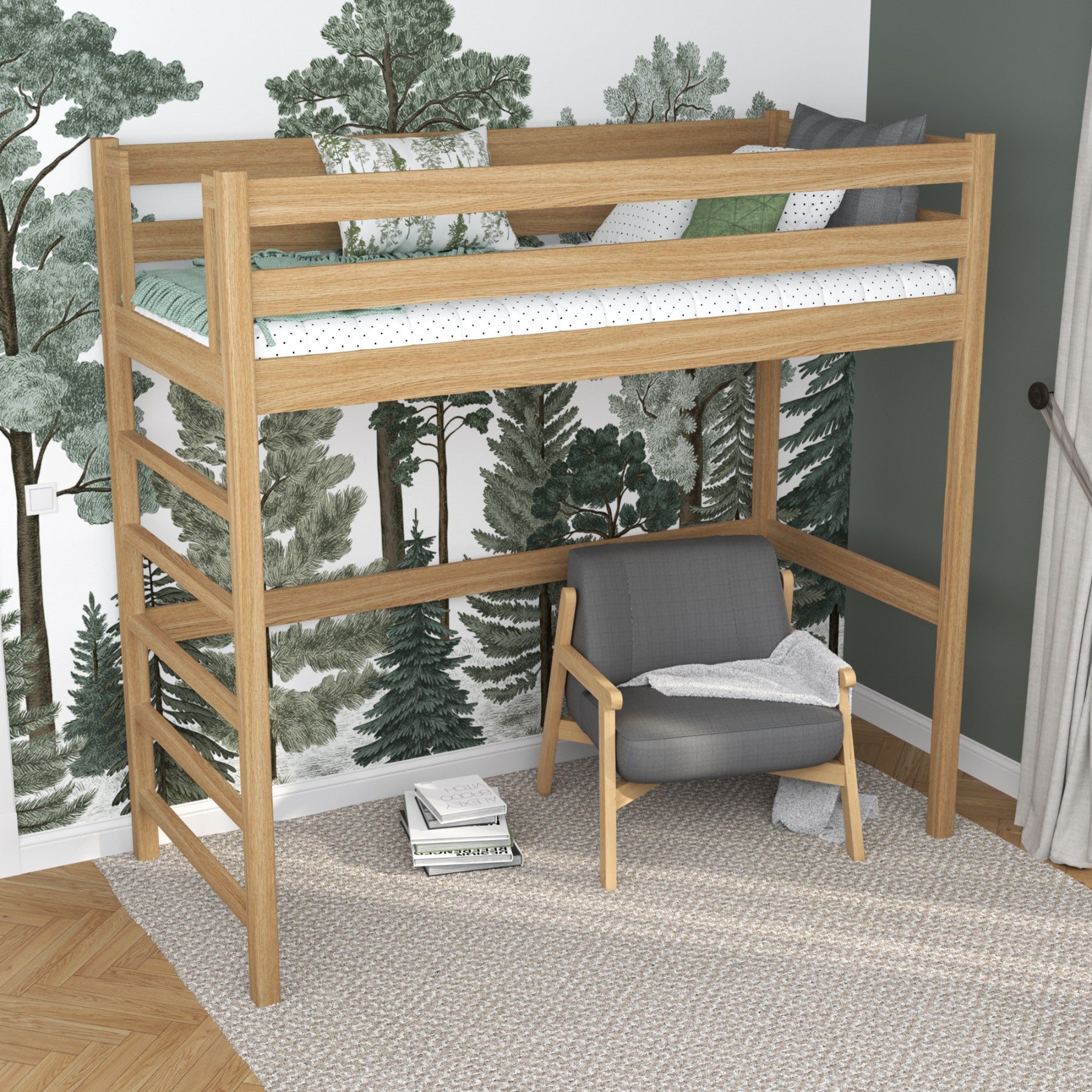 Loft bed natural oak in children’s room – scandi arrangement, oak