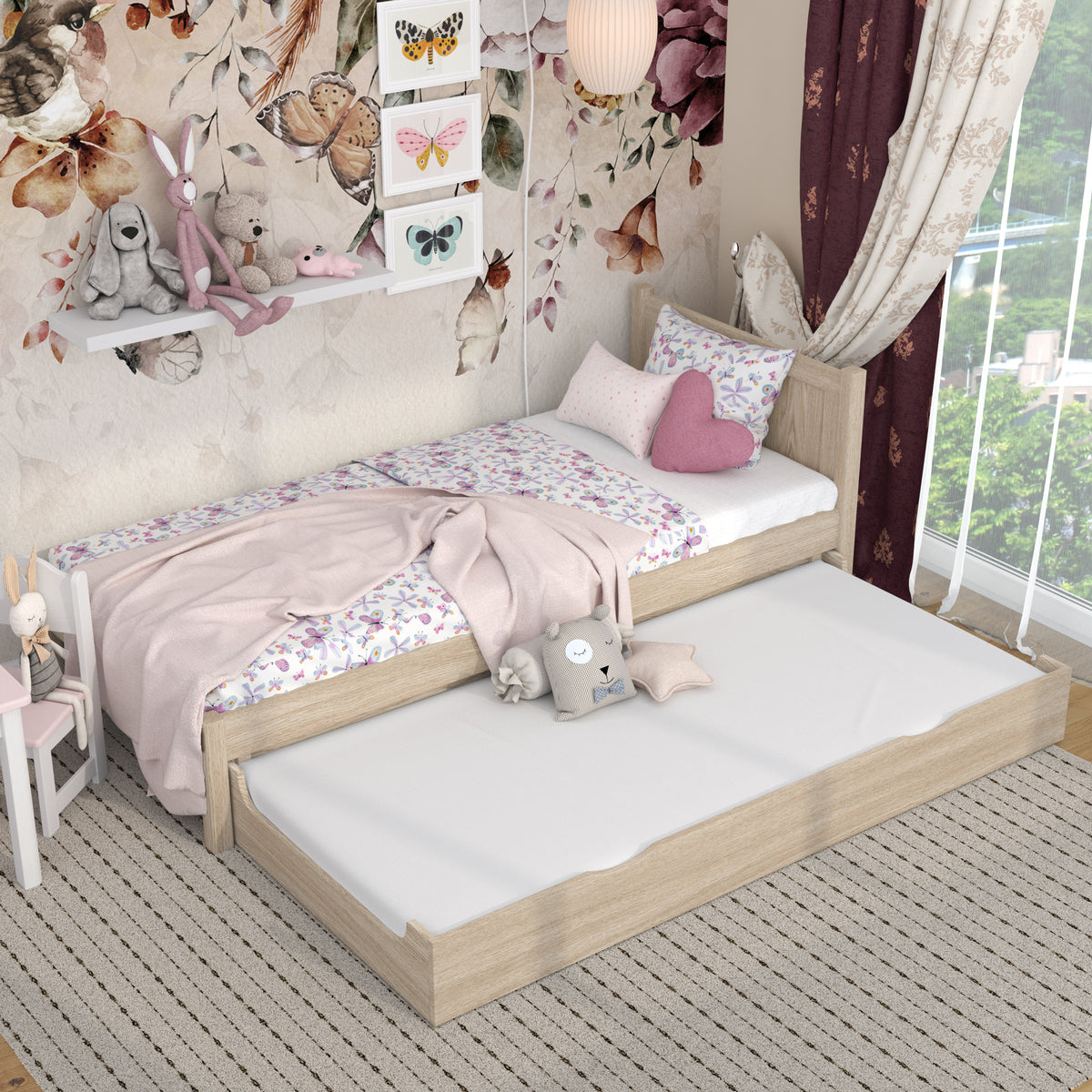 Oak bed with mattress drawer bleached oak – extended drawer, guest