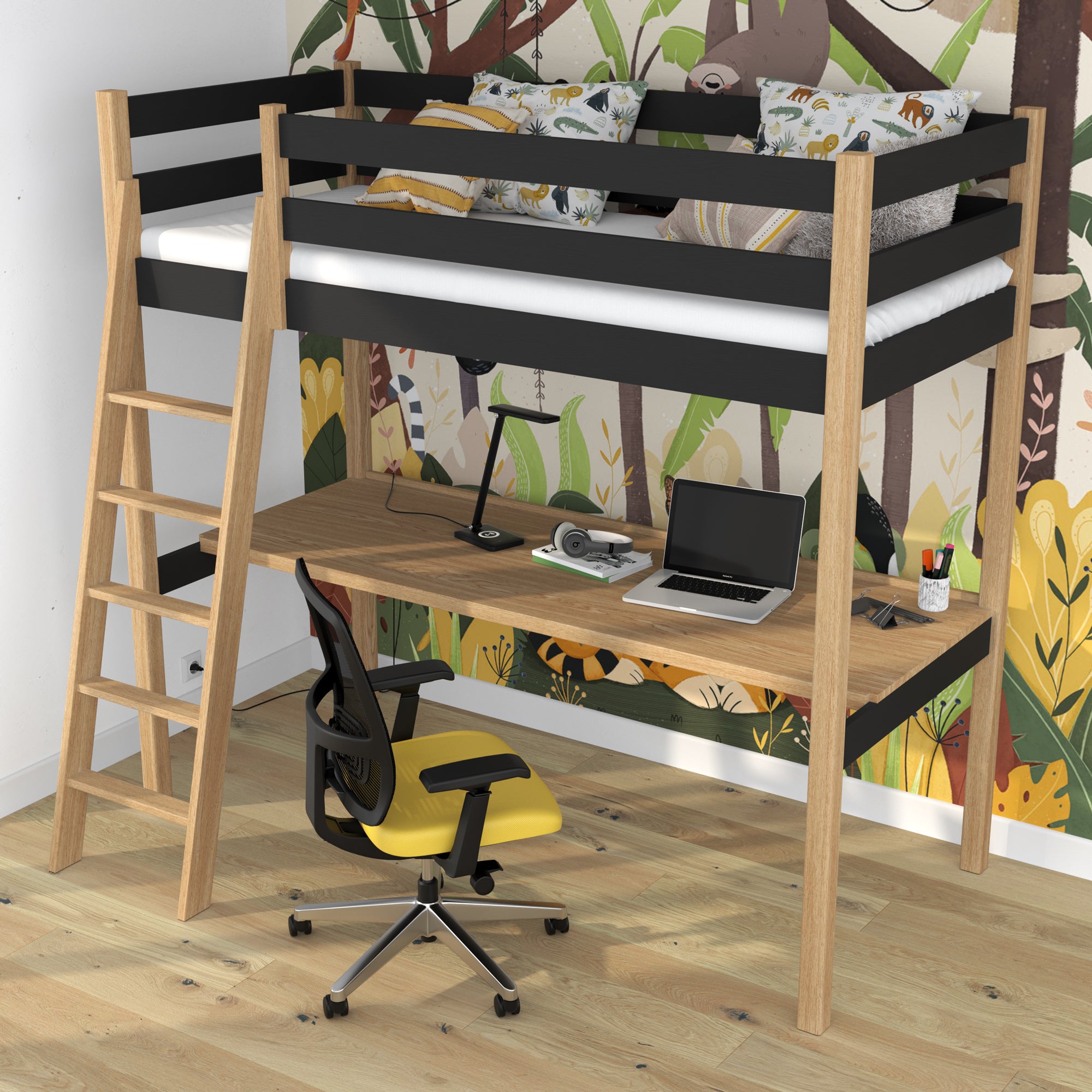 Loft bed black/oak – wooden desk under the sleeping area, scandi children’s room