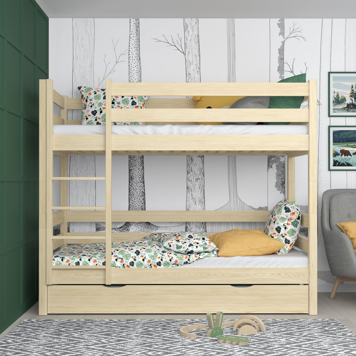 Clear Pine Bunk Bed with Mattress Drawer – Safety Rail, Wooden, Nizio Home