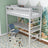 Loft bed grey – wooden desk under the sleeping area, scandi children’s room