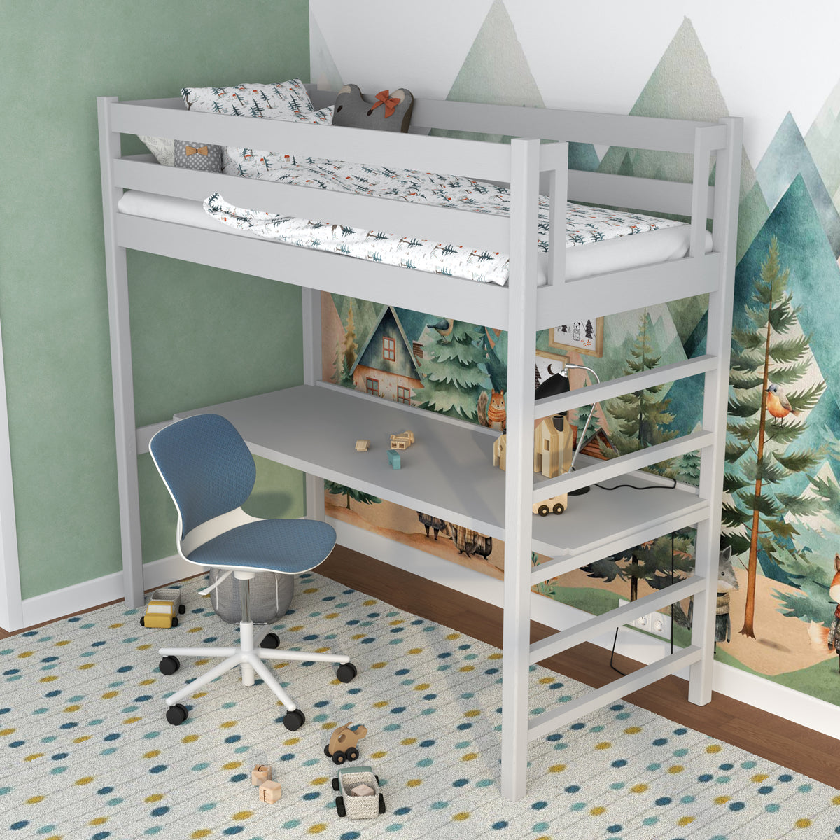 Loft bed grey – wooden desk under the sleeping area, scandi children’s room