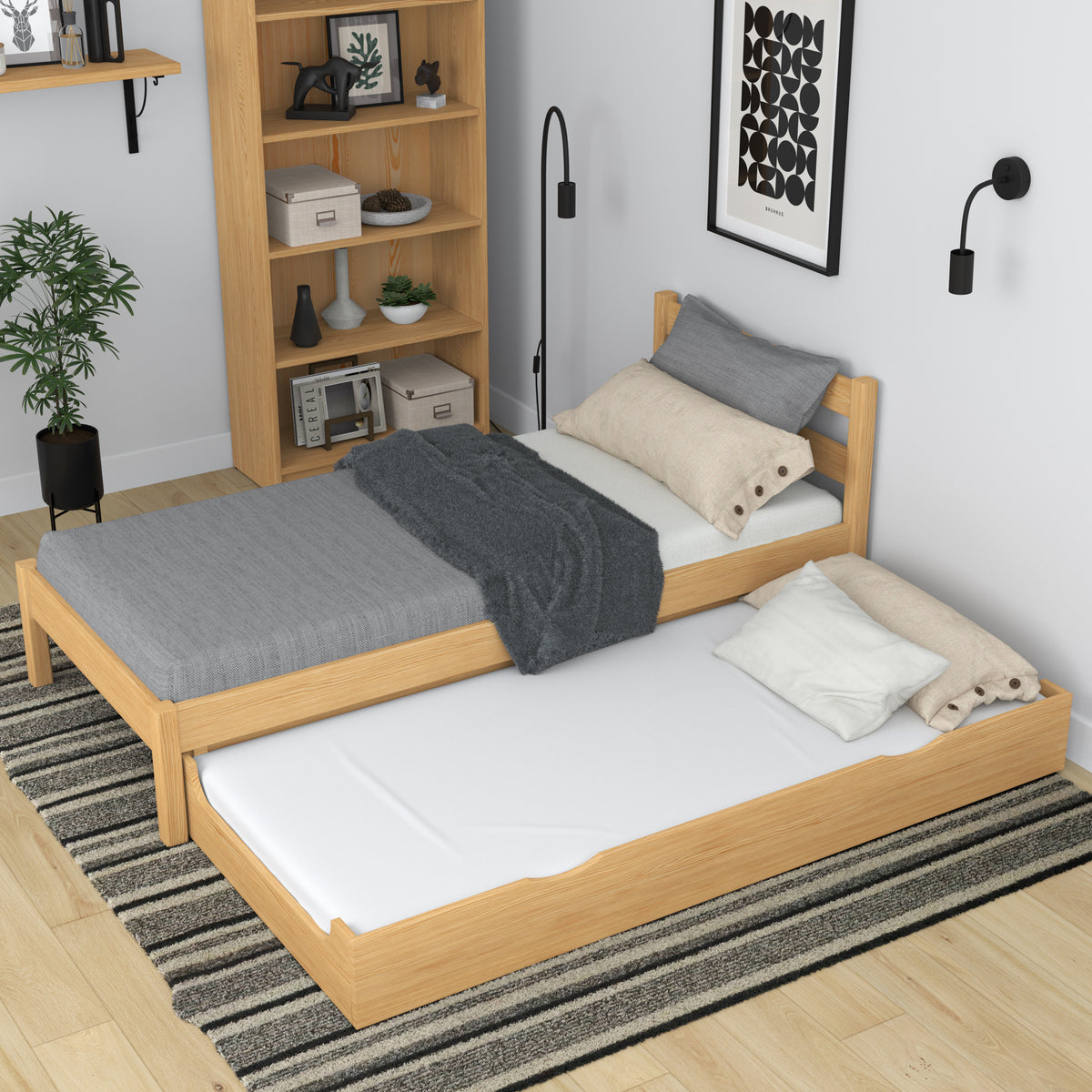 Wooden bed with mattress drawer natural pine – extended drawer, guest
