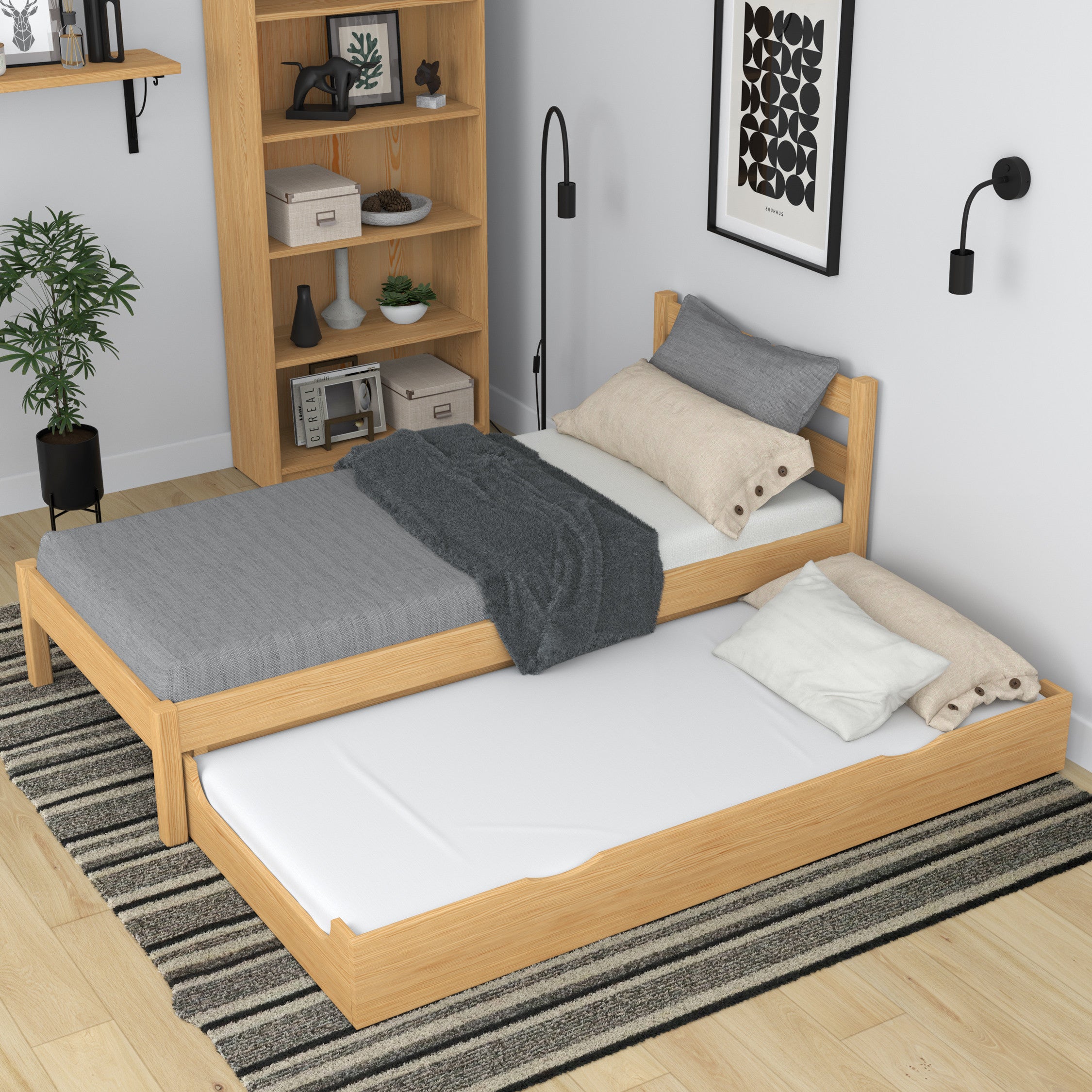 Wooden bed with mattress drawer natural pine – extended drawer, guest