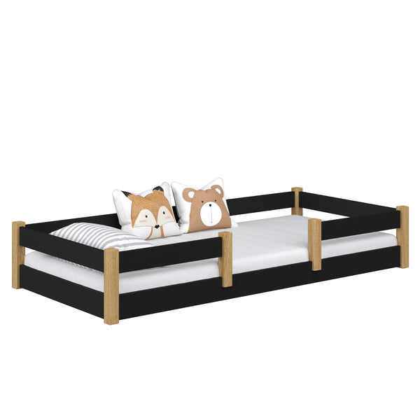 Low Bed Wooden Black and Oak – Bedroom, Solid Wood, Scandinavian Style, Nizio