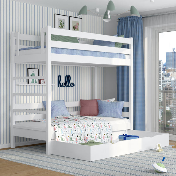 White Wooden Bunk Bed with Drawer – Children’s Room, Solid Wood, Scandi