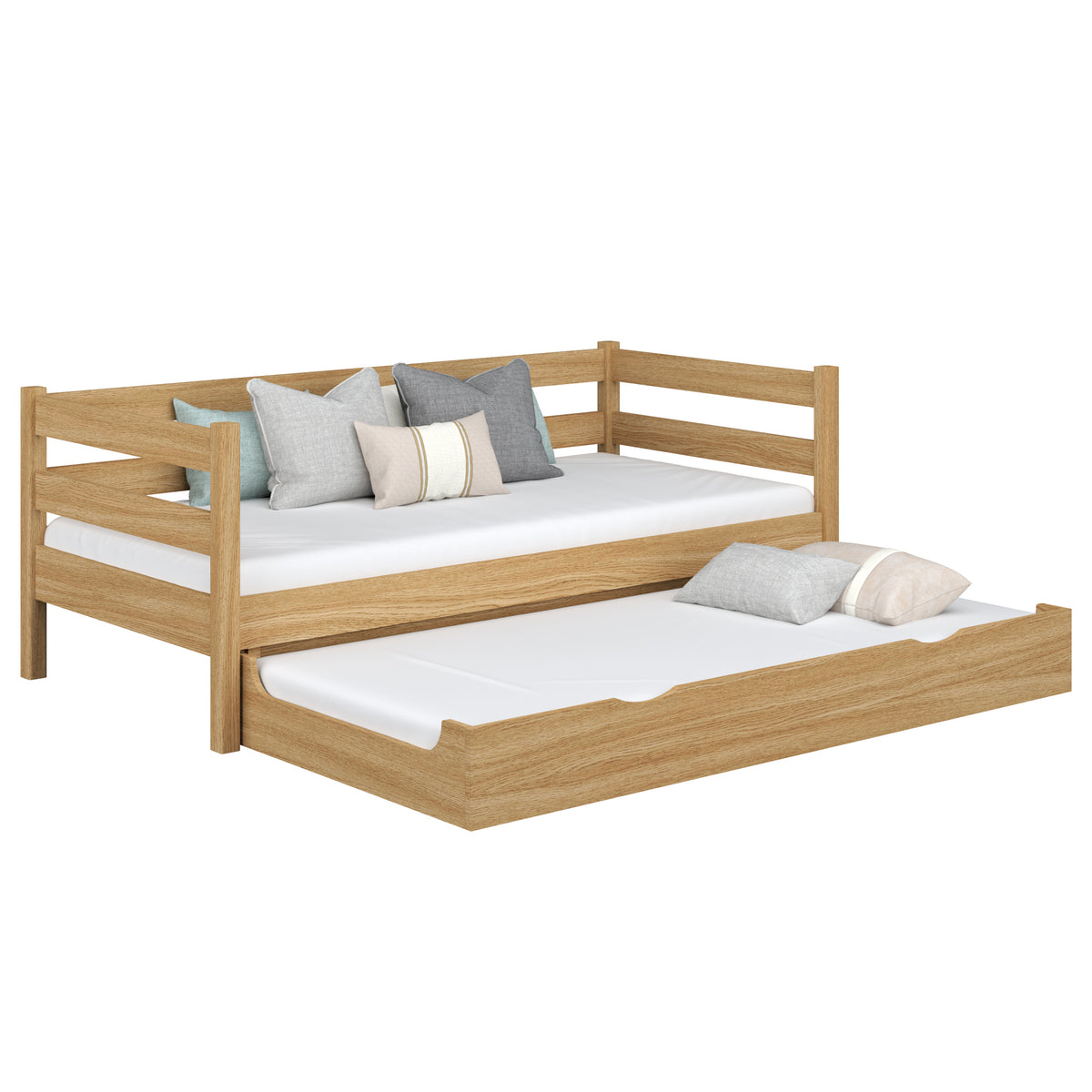 Sofa bed oak natural oak – mattress drawer pulled out, for guests