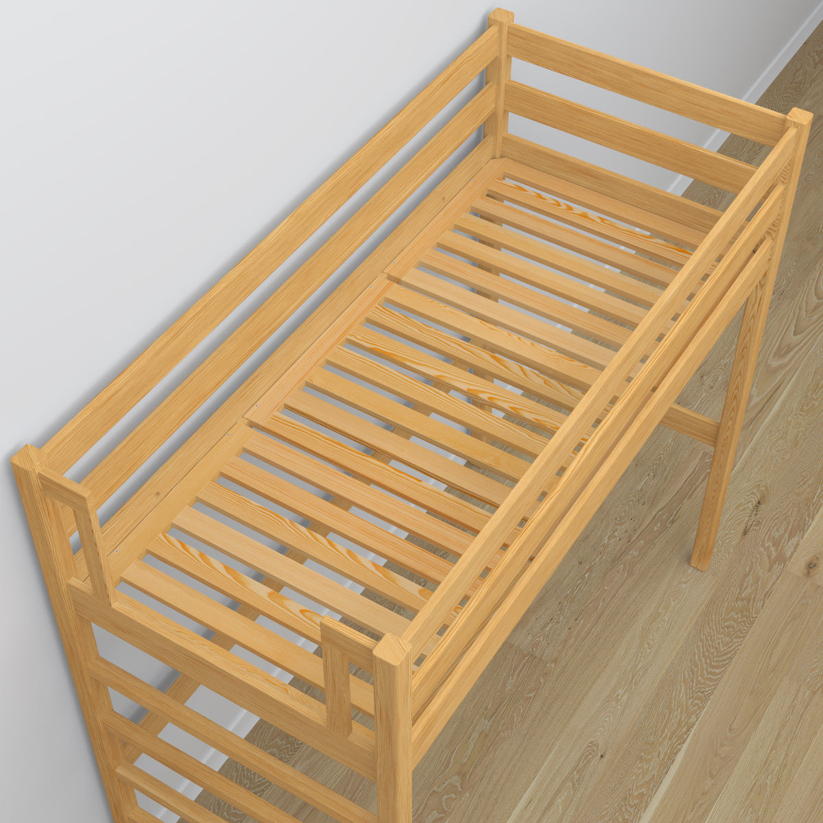 Loft bed natural pine wooden – top view of the sleeping area