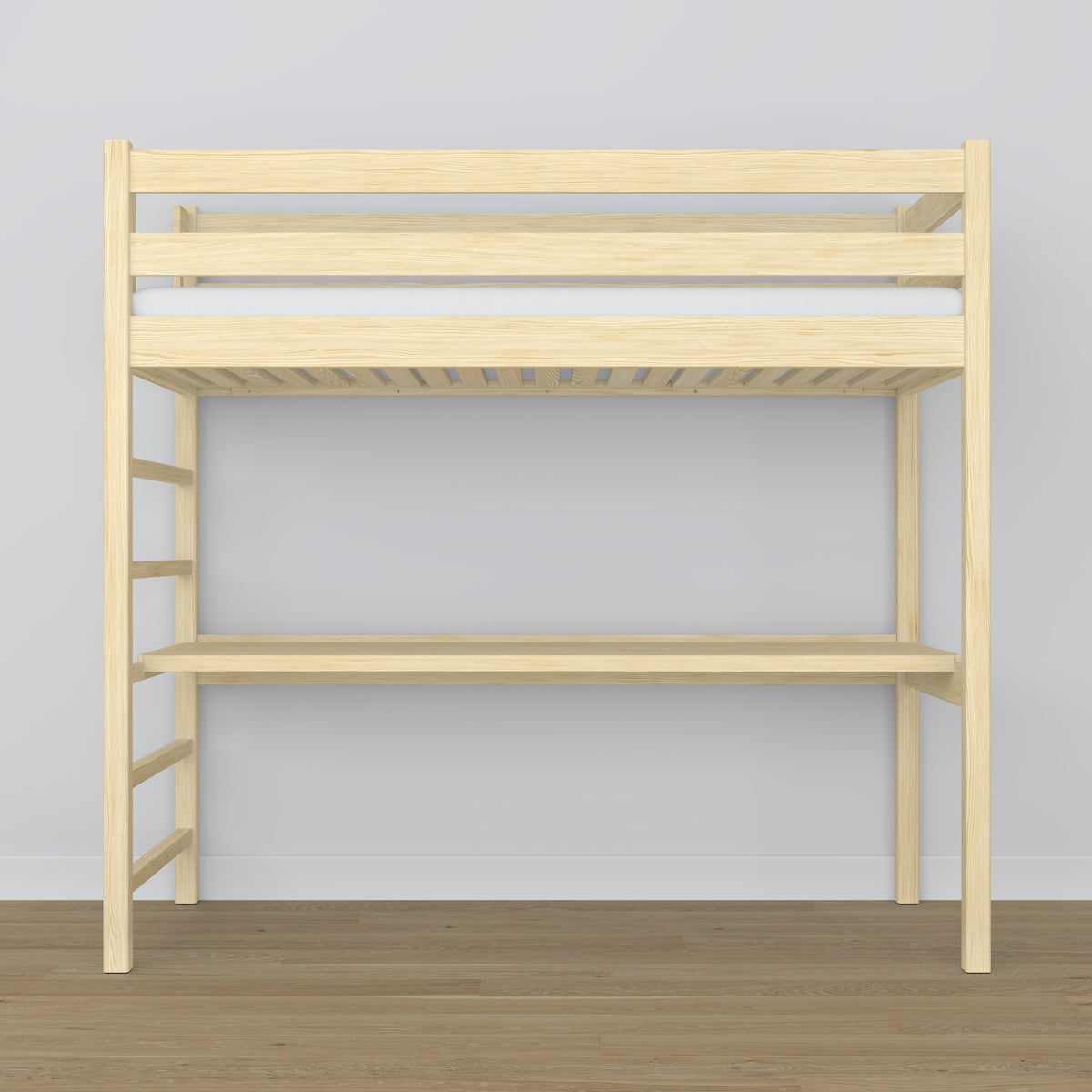 Loft bed clear pine wooden – top view of the sleeping area, Nizio