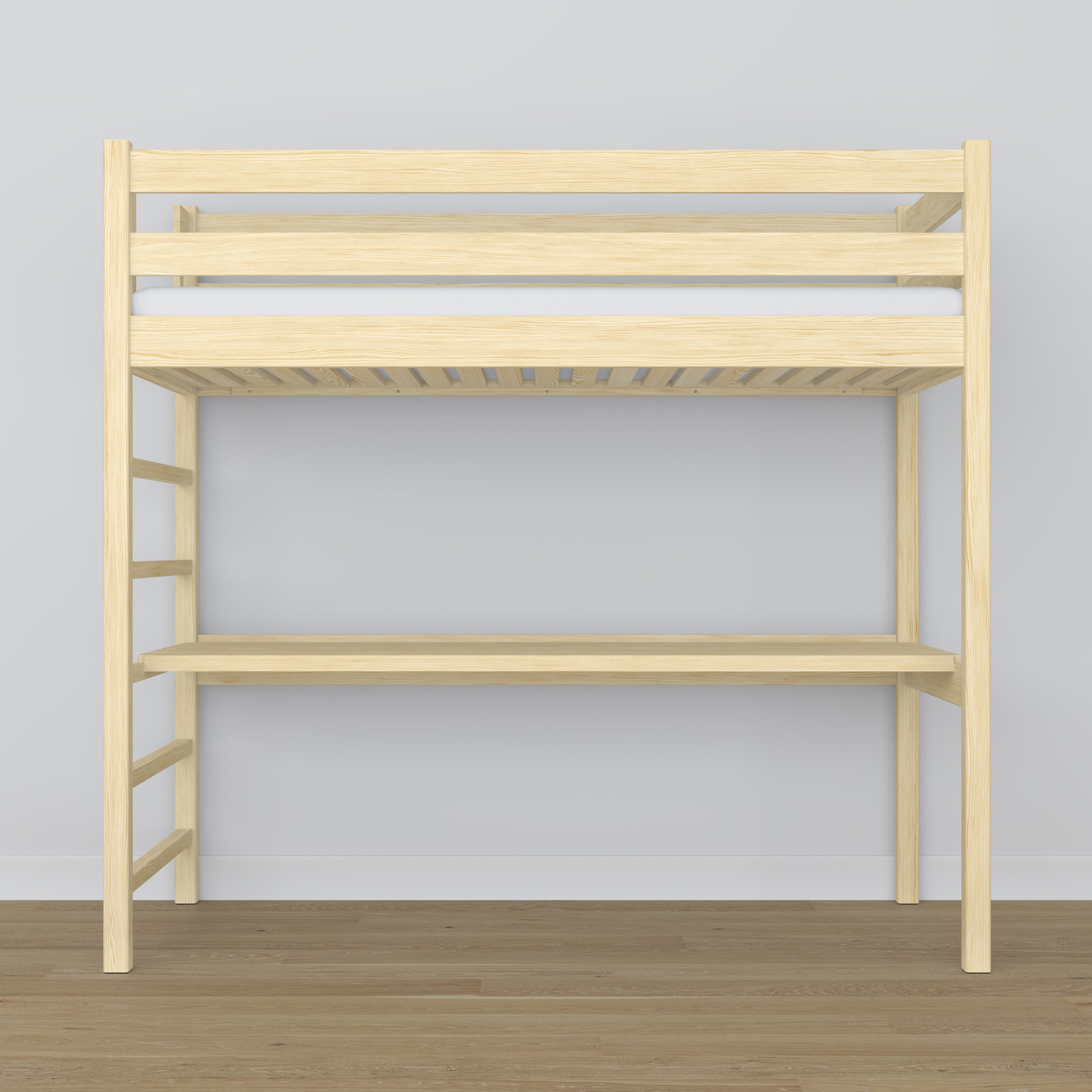 Loft bed clear pine wooden – top view of the sleeping area, Nizio