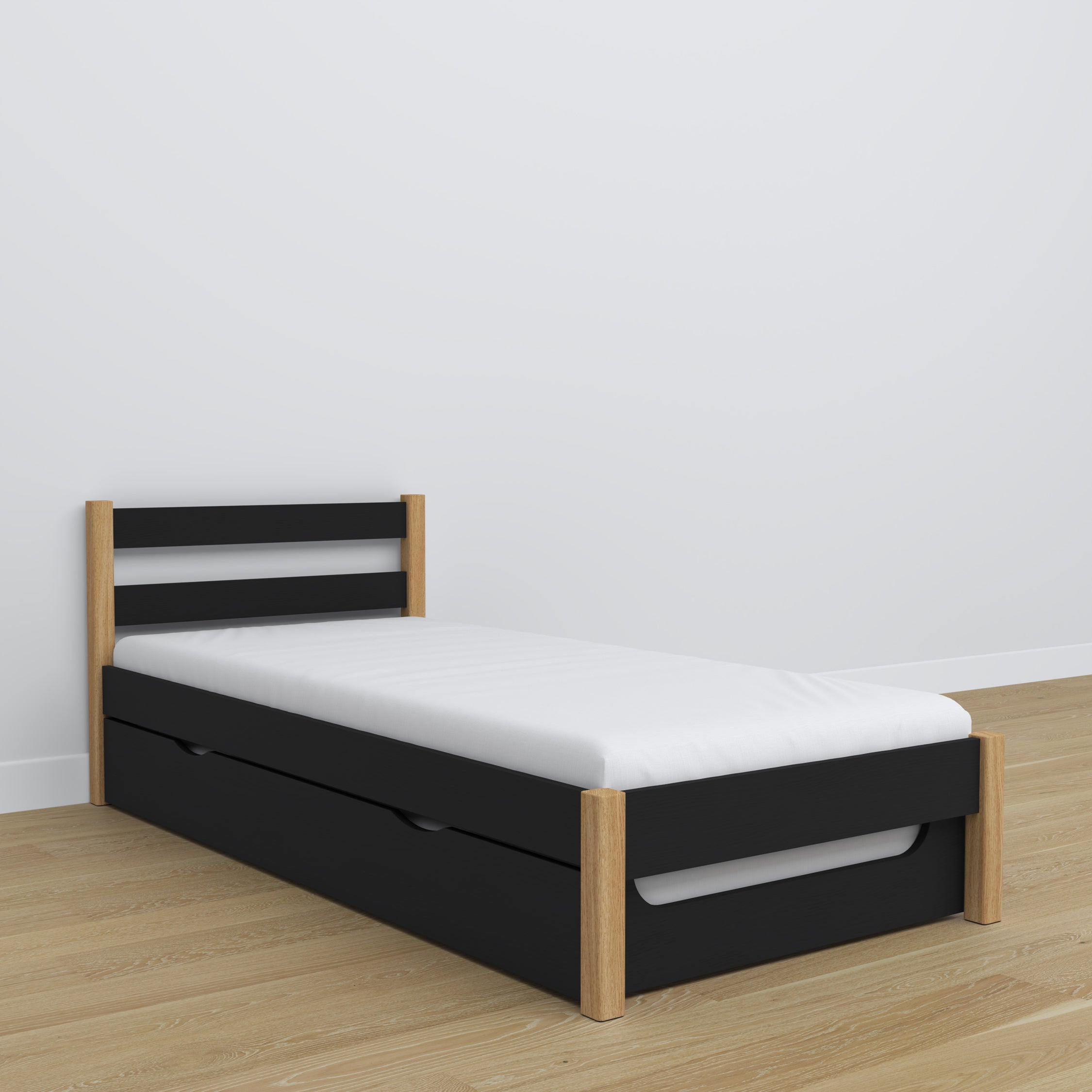 Wooden bed with mattress drawer black-oak – child’s room arrangement