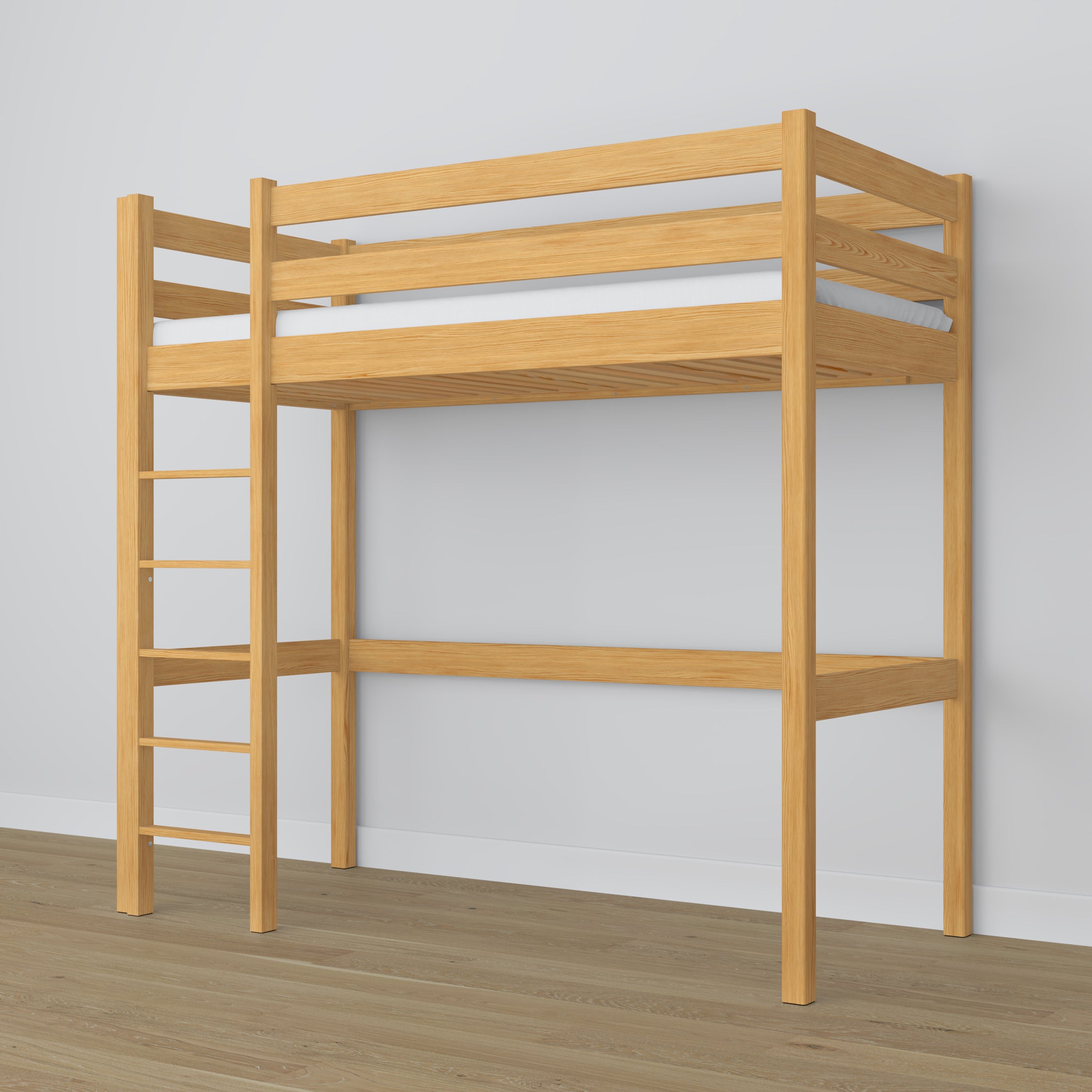 Loft bed natural pine in children’s room – scandi arrangement, wooden