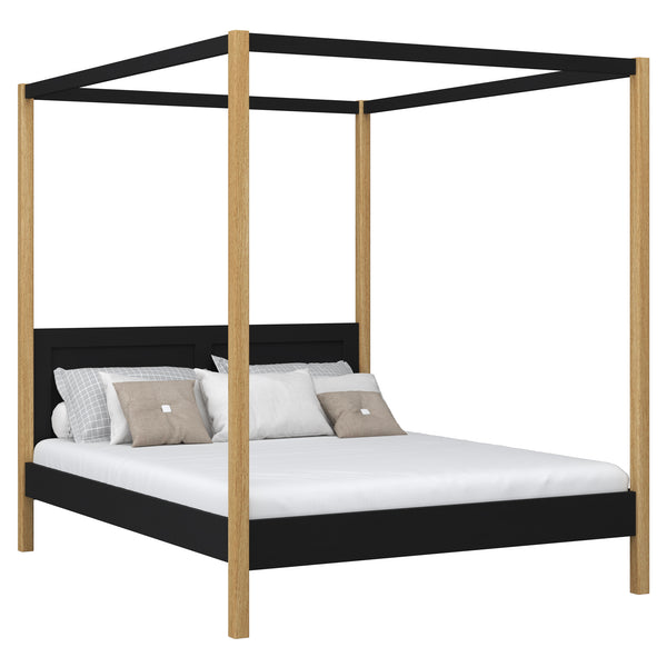 Wooden double bed with canopy black and oak – bedroom, Scandinavian style