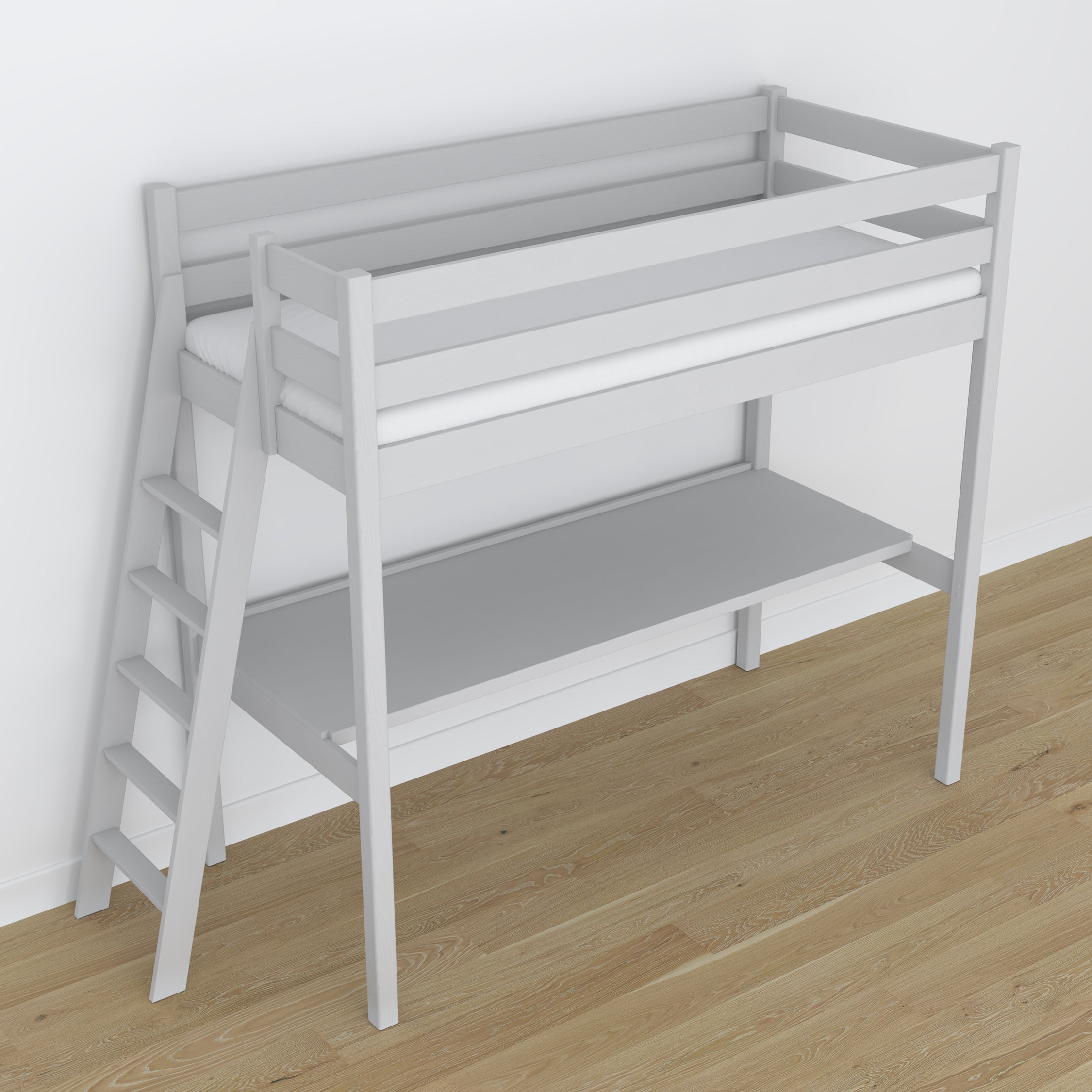 Loft bed grey wooden – top view of the sleeping area, Nizio
