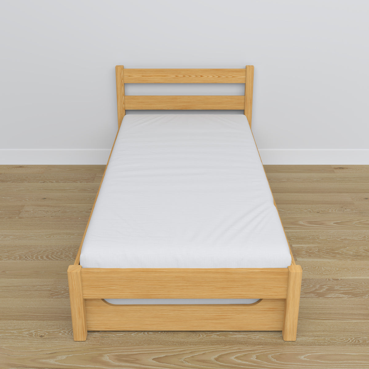 Natural pine bed – mattress drawer, wooden details, Nizio Home