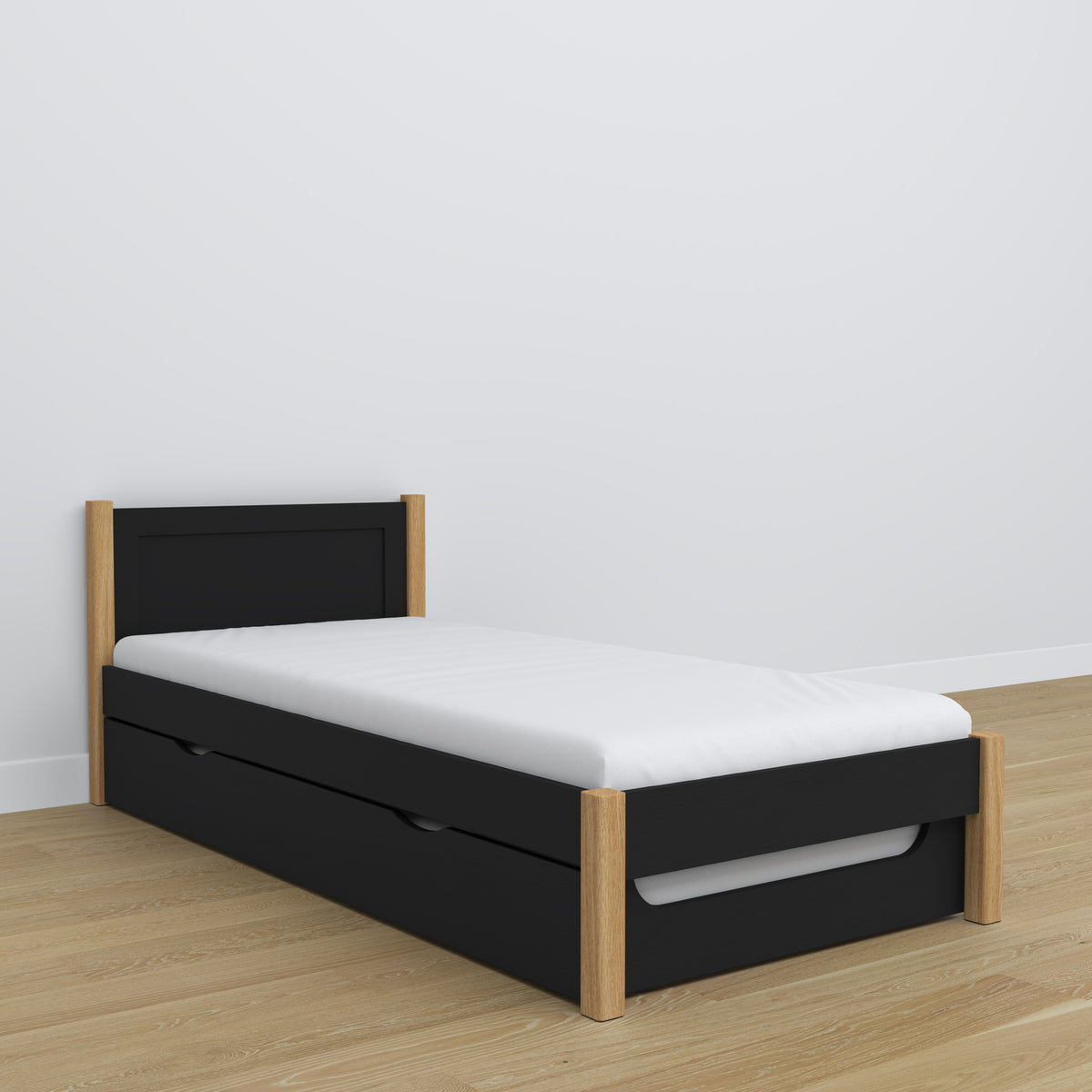 Wooden bed with mattress drawer black-oak – child’s room arrangement