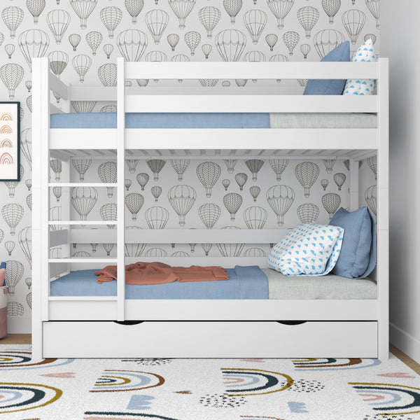 White Bunk Bed with Drawer – Wooden Safety Rail and Ladder, Nizio