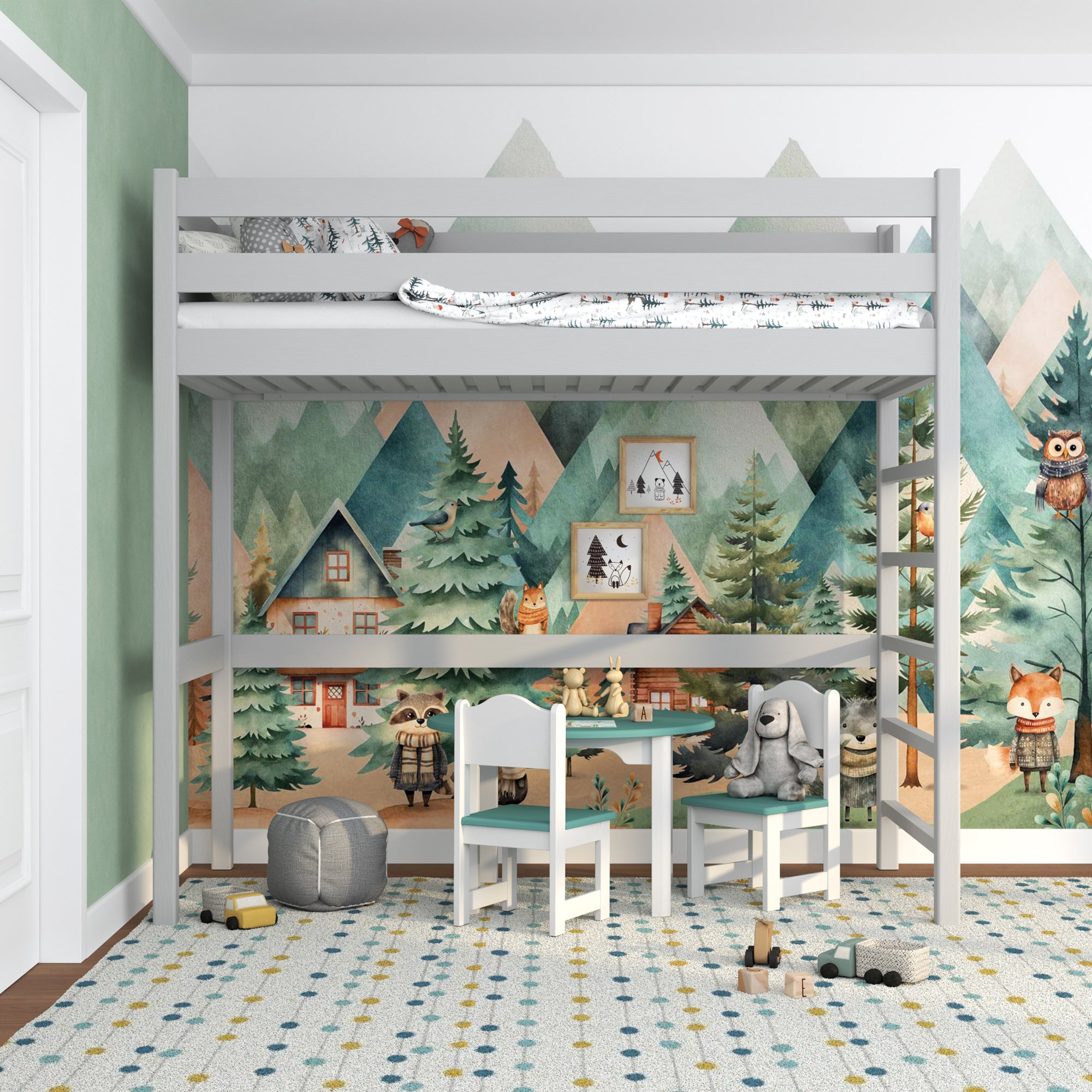 Grey Wooden Loft Bed – Children’s Room, Solid Wood, Scandi Style
