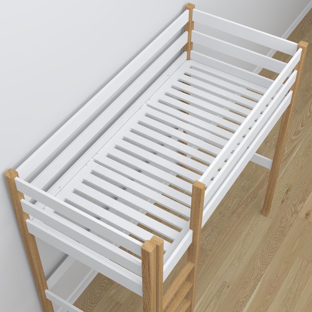 Loft bed white/oak – wooden desk under the sleeping area, scandi children’s room