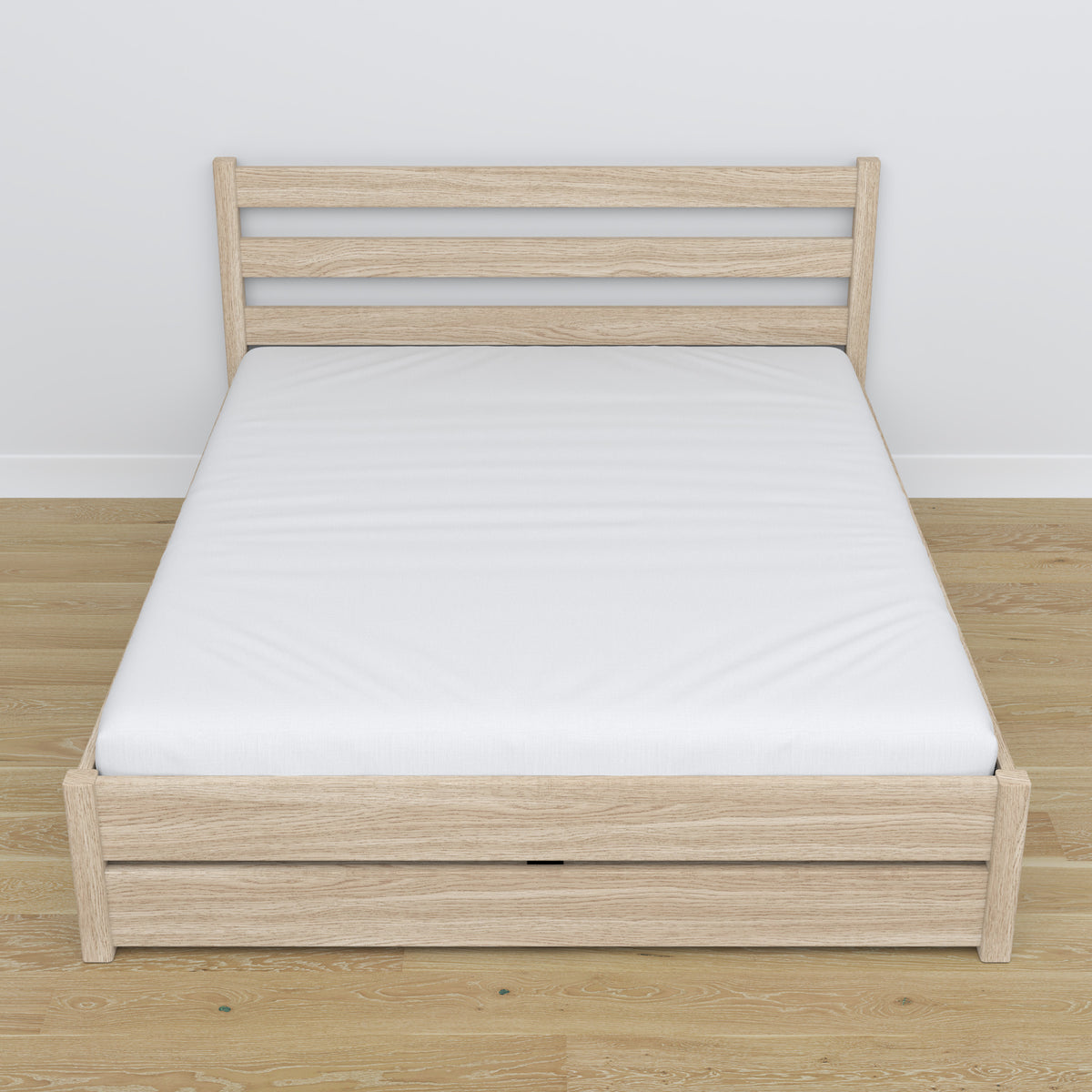 Oak double bed with drawer bleached oak – angled view, scandi bedroom