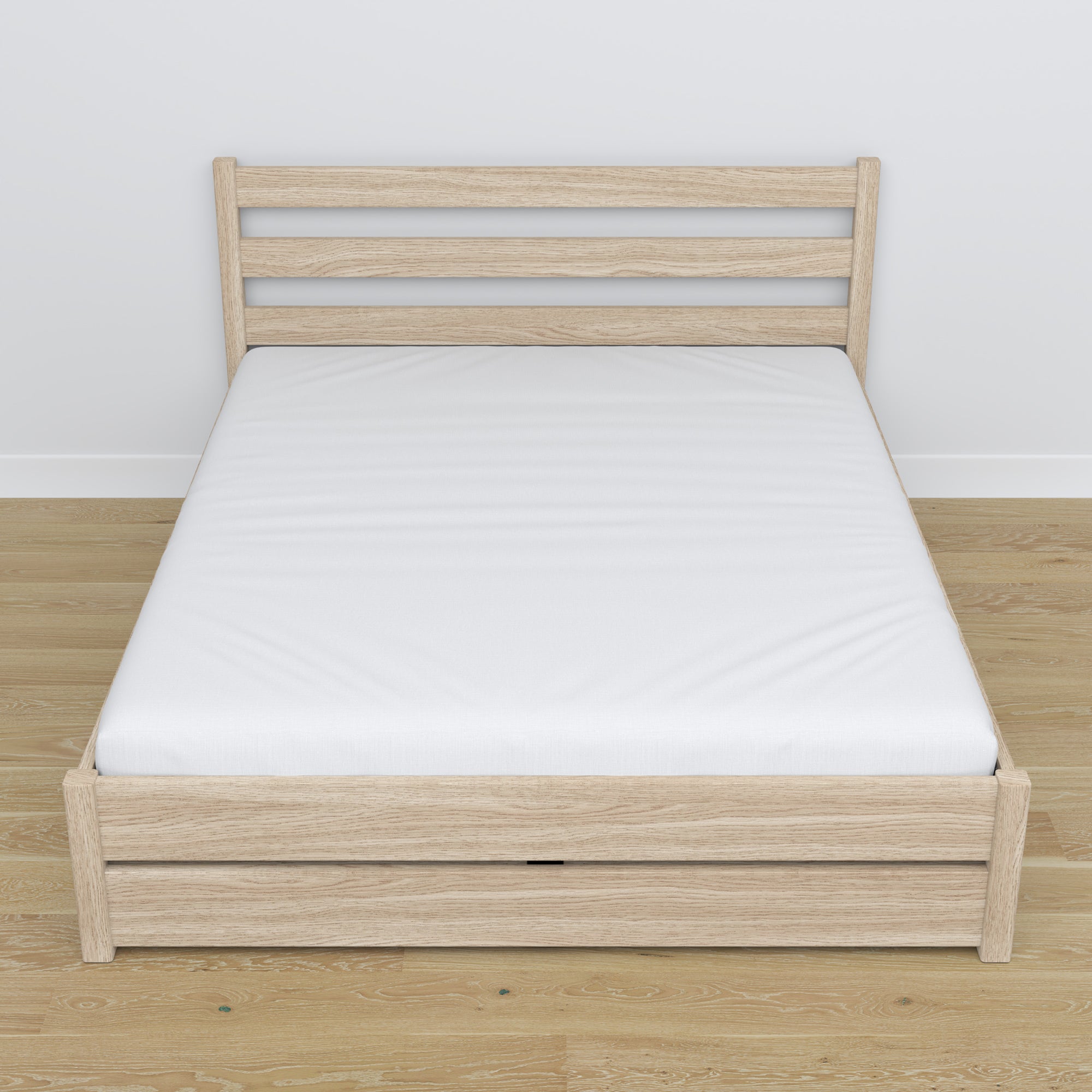 Oak double bed with drawer bleached oak – angled view, scandi bedroom