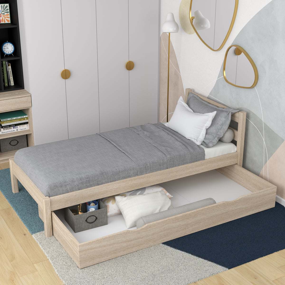 Bleached Oak Bed with Drawer – Spacious Storage, Oak, for Children, Nizio