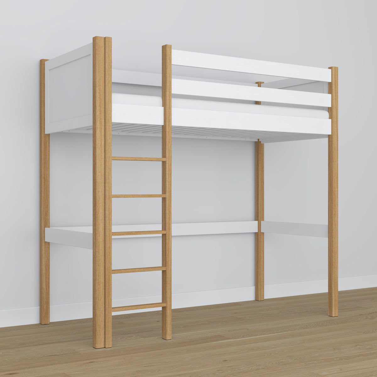 Loft bed white/oak wooden – dimensions and diagram, Nizio