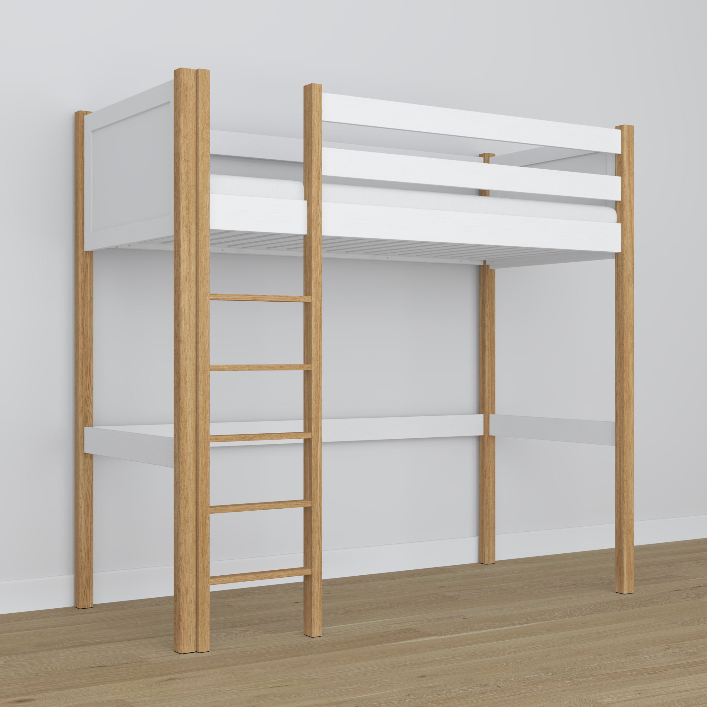 Loft bed white/oak wooden – dimensions and diagram, Nizio