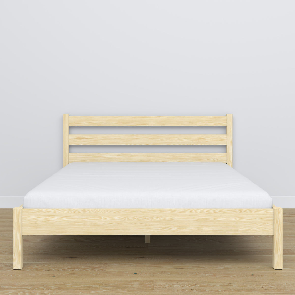 Wooden double bed clear pine – side view, proportions and shape, bedroom