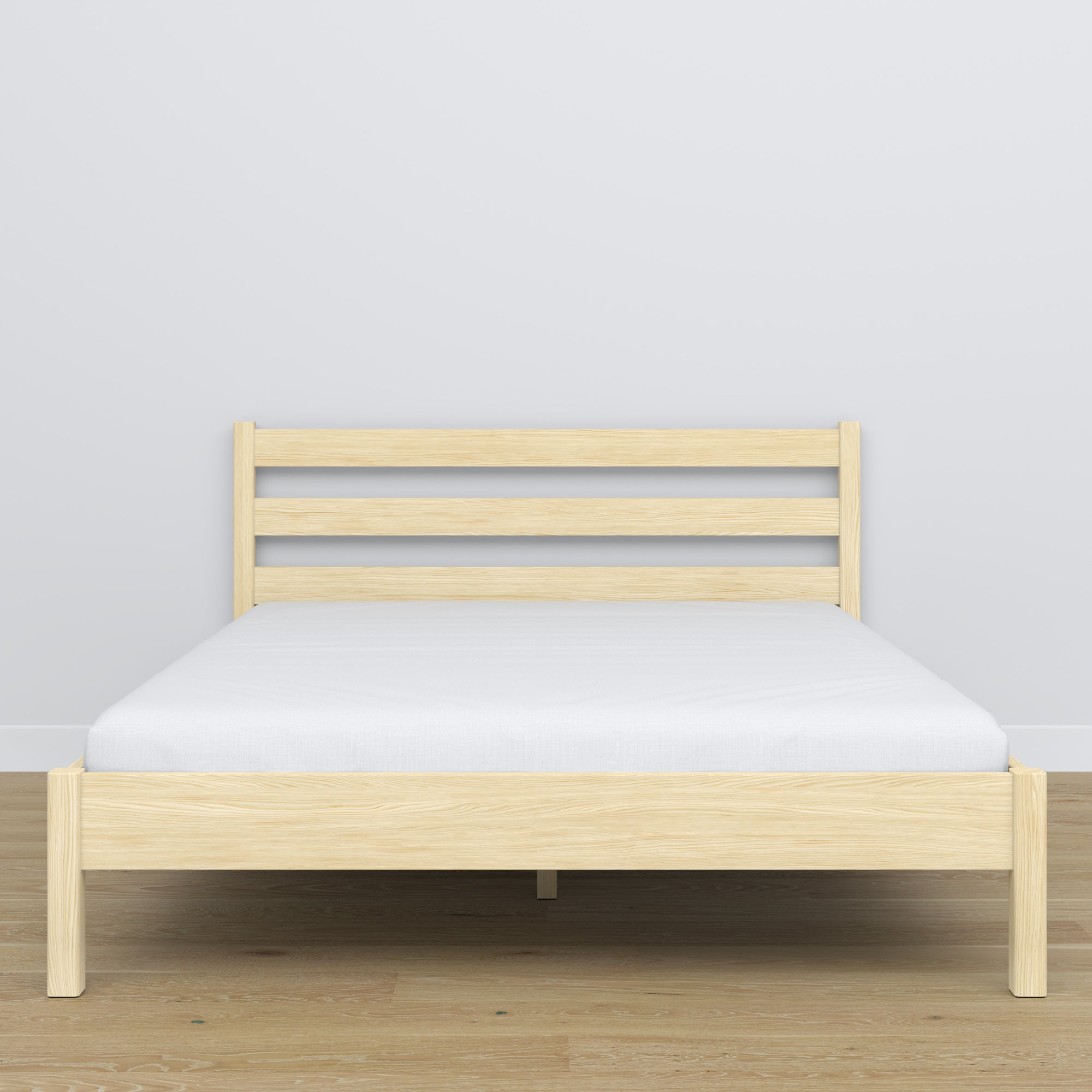 Wooden double bed clear pine – side view, proportions and shape, bedroom